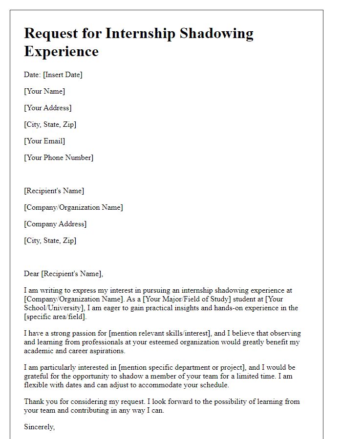 Letter template of request for internship shadowing experience