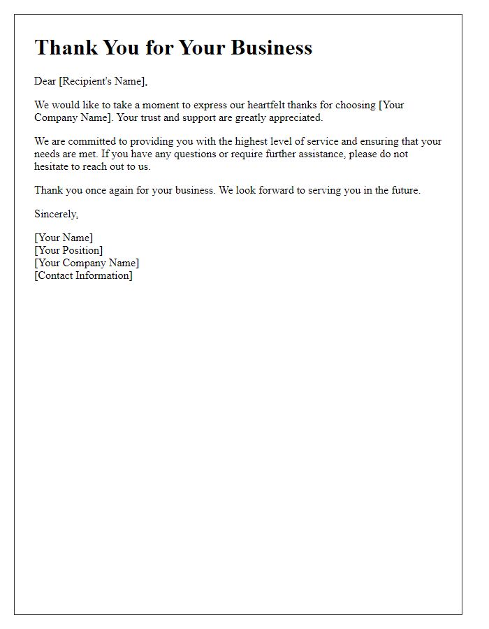 Letter template of thanks for your business and trust.