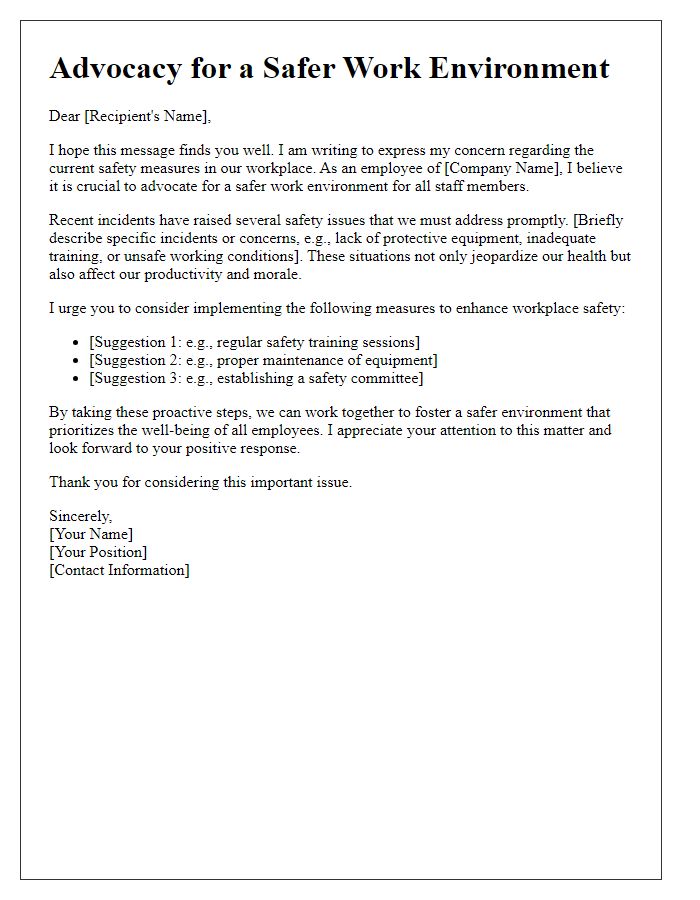 Letter template of advocating for a safer work environment