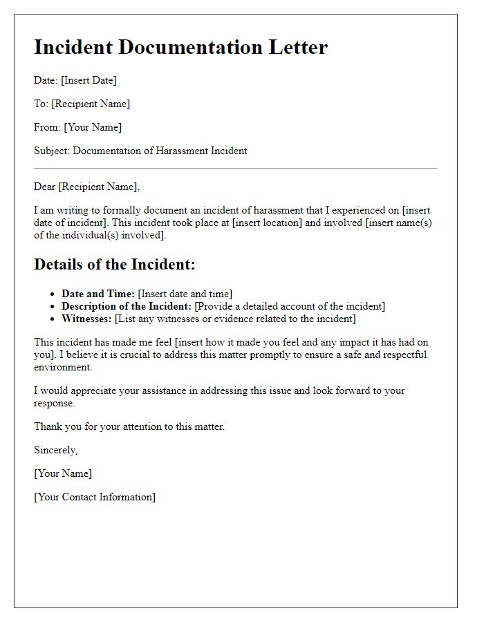 Letter template of documenting incidents of harassment