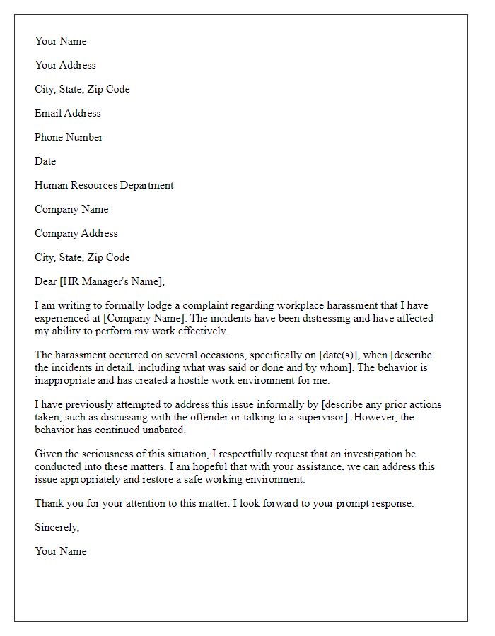 Letter template of formal complaint regarding workplace harassment