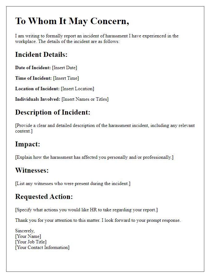 Letter template of reporting harassment to HR