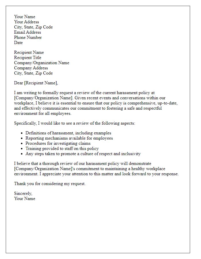 Letter template of requesting a harassment policy review