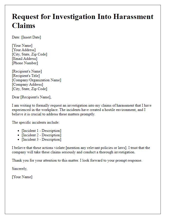 Letter template of requesting an investigation into harassment claims