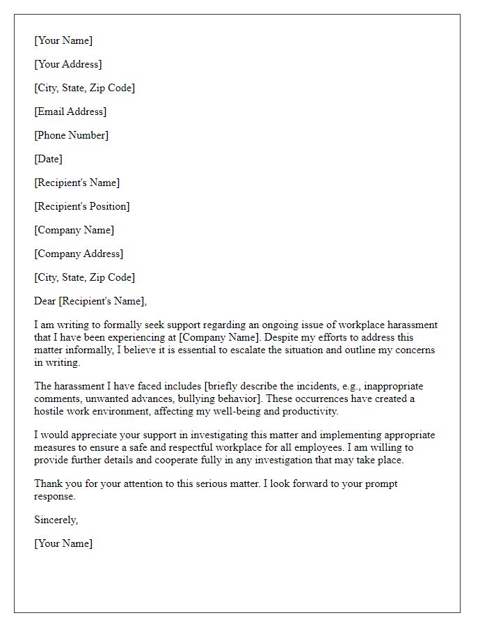 Letter template of seeking support for workplace harassment