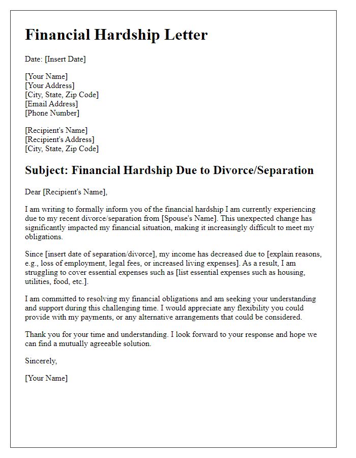 Letter template of financial hardship caused by divorce or separation.