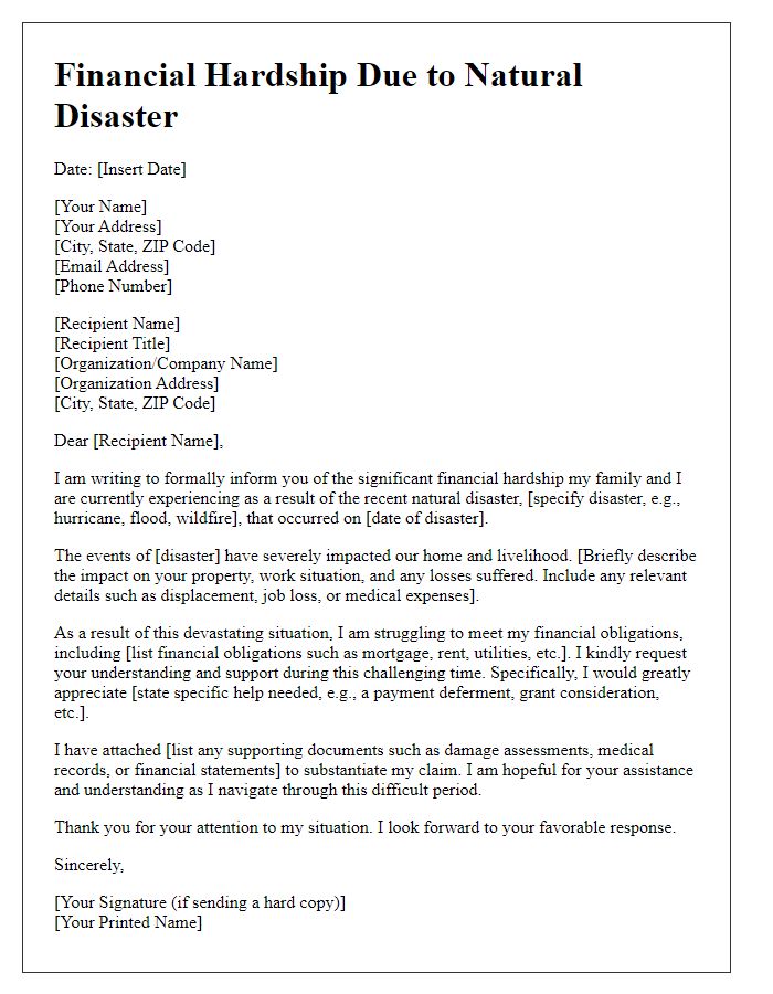 Letter template of financial hardship caused by natural disasters.