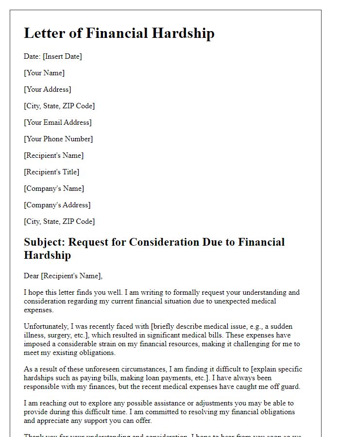 Letter template of financial hardship due to unexpected medical expenses.