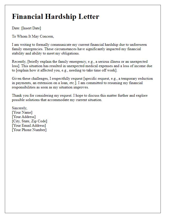 Letter template of financial hardship linked to family emergencies.