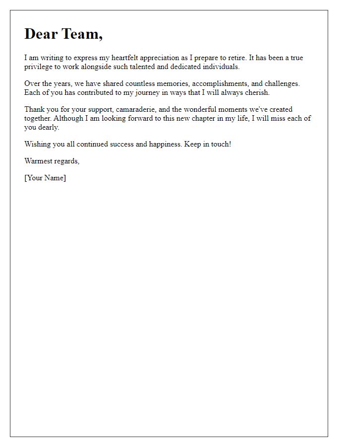 Letter template of appreciative retirement note to fellow employees