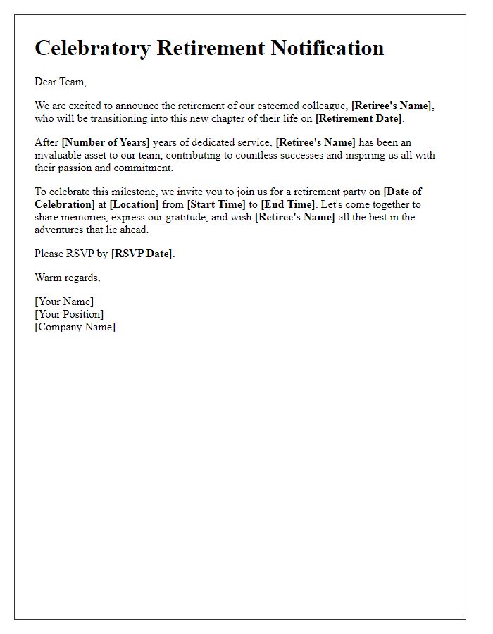 Letter template of celebratory retirement notification to associates