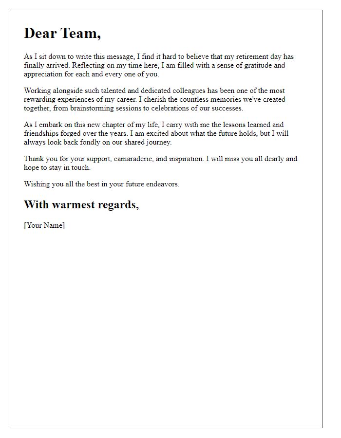 Letter template of reflective retirement message to colleagues