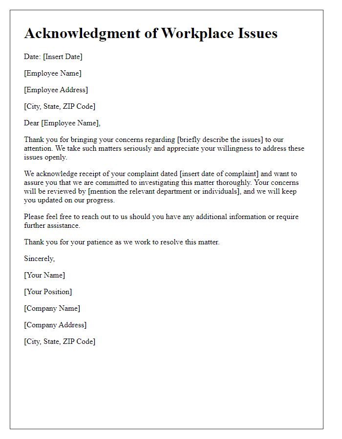 Letter template of acknowledgment for workplace issues.