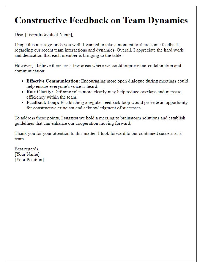 Letter template of constructive feedback for team dynamics.