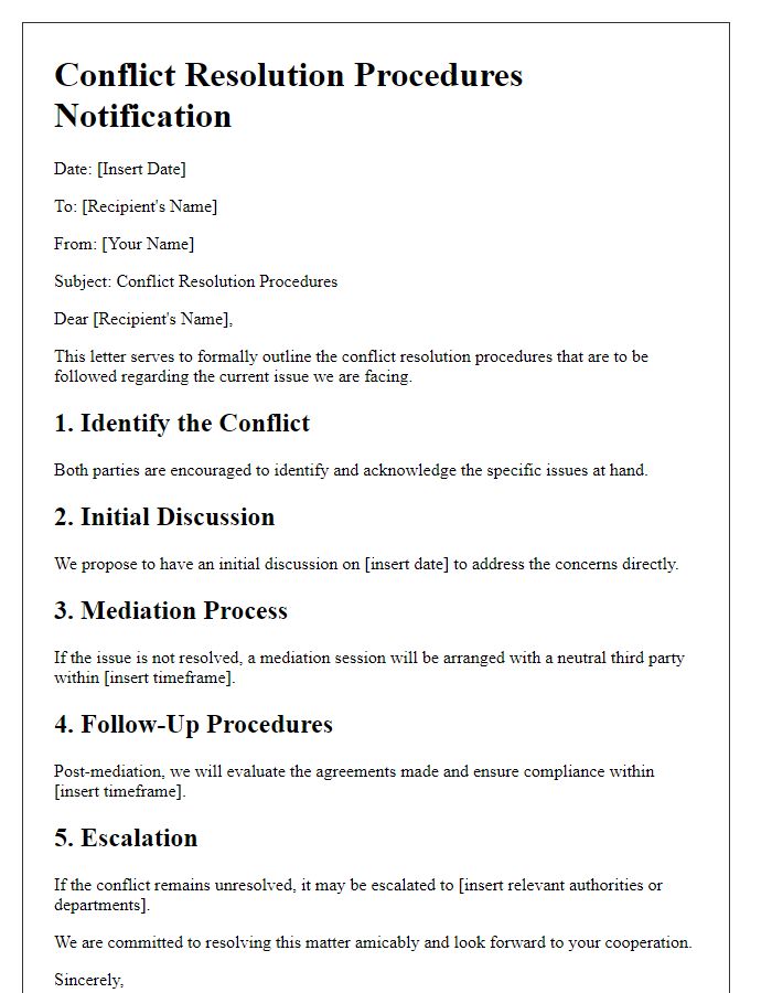 Letter template of formal conflict resolution procedures.