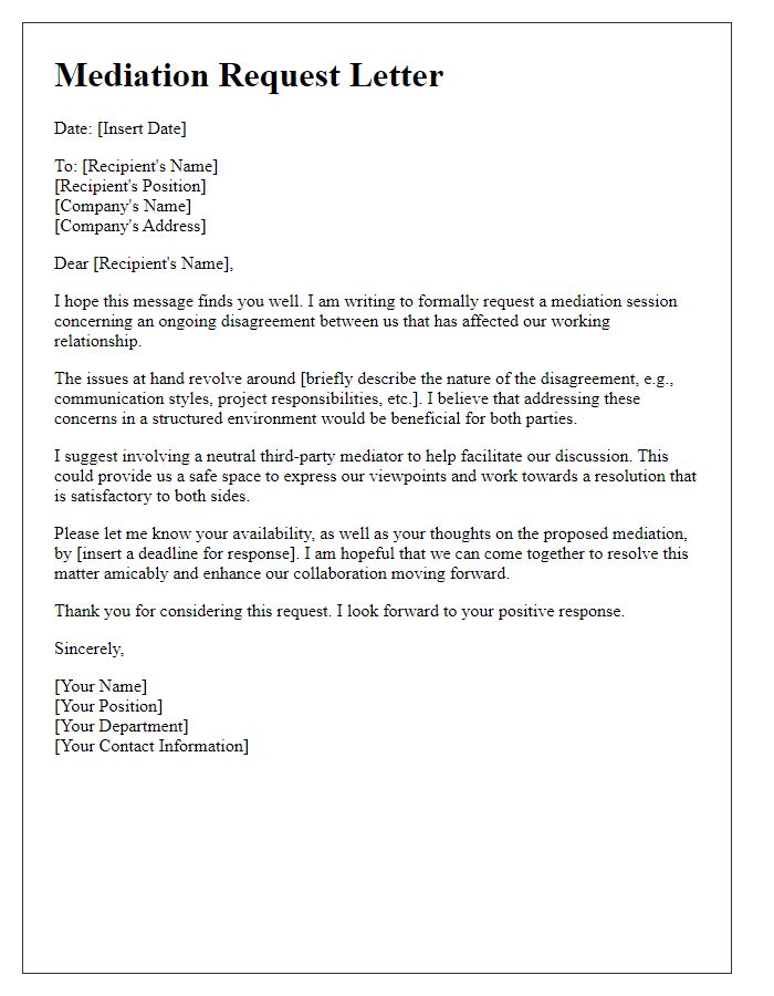 Letter template of mediation for workplace disagreements.