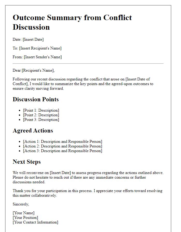 Letter template of outcome summary from conflict discussion.