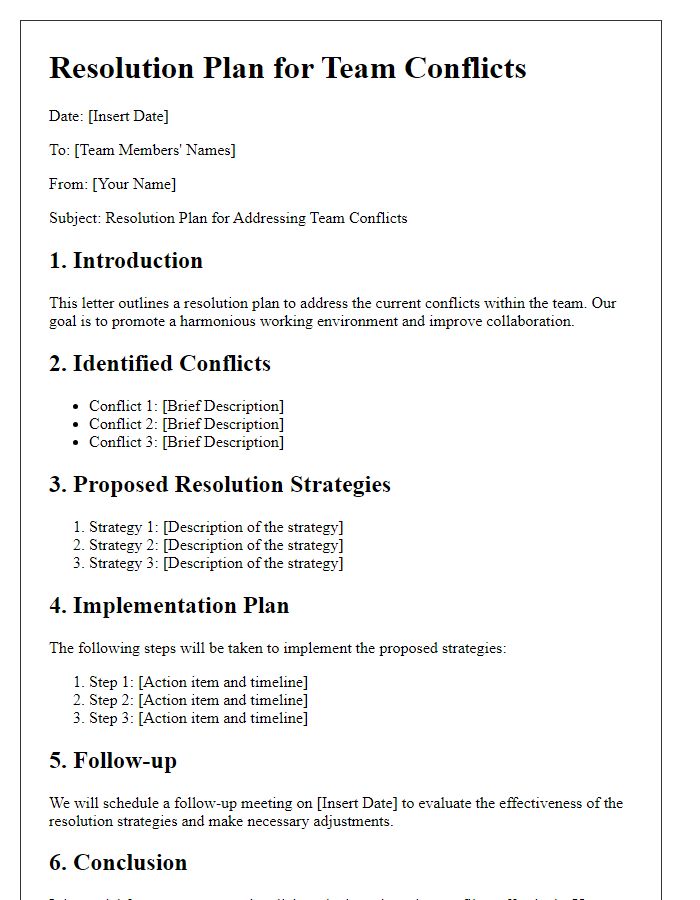 Letter template of resolution plan for team conflicts.