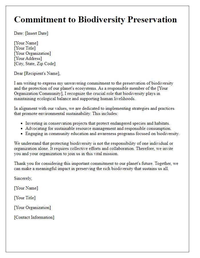 Letter template of biodiversity preservation commitment.