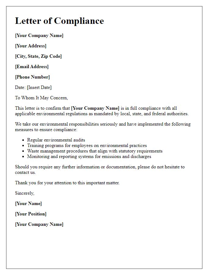 Letter template of compliance with environmental regulations.