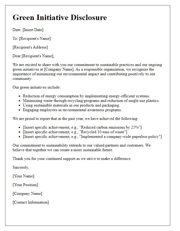 Letter template of green initiative disclosure.