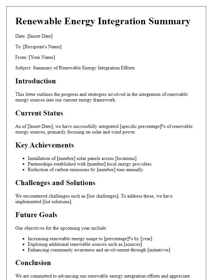 Letter template of renewable energy integration summary.