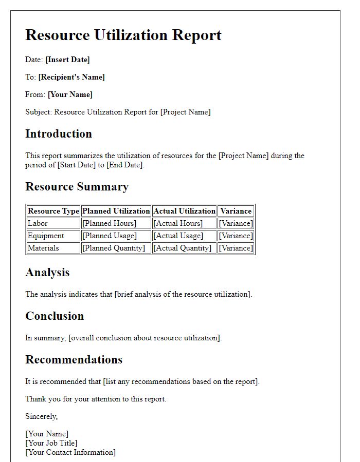 Letter template of resource utilization report.