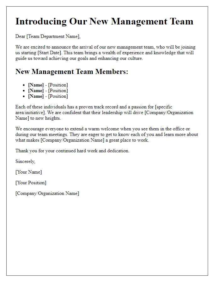 Letter template of incoming management team introduction