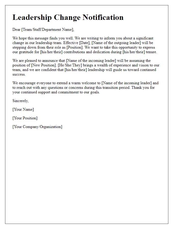 Letter template of leadership change notification