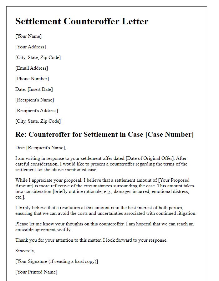 Letter template of legal case settlement counteroffer