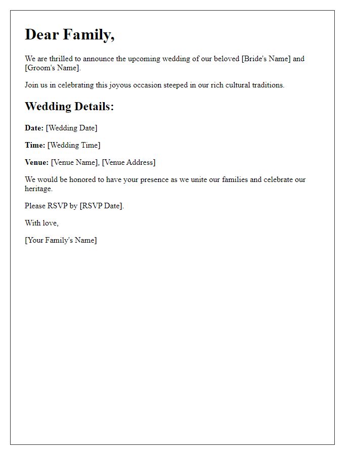 Letter template of cultural wedding invitation to family