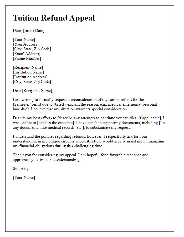 Letter template of appeal for tuition refund consideration