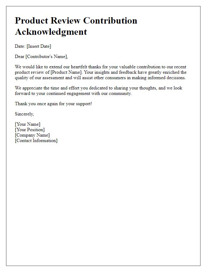 Letter template of acknowledgment for a product review contribution.