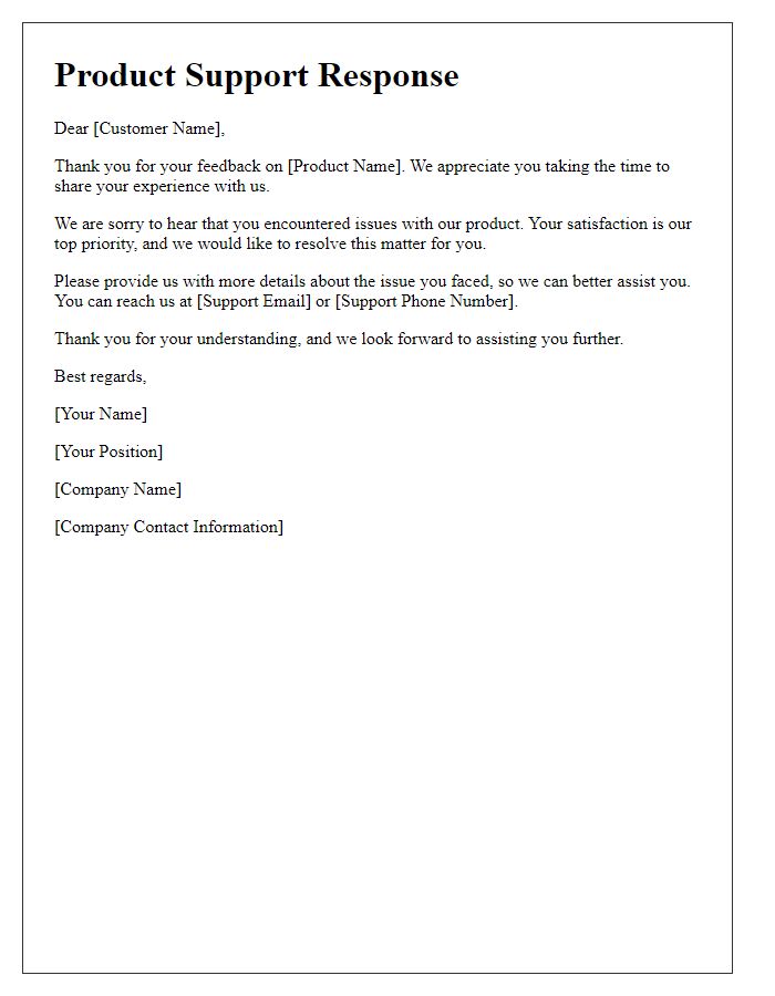 Letter template of product support for a customer review.