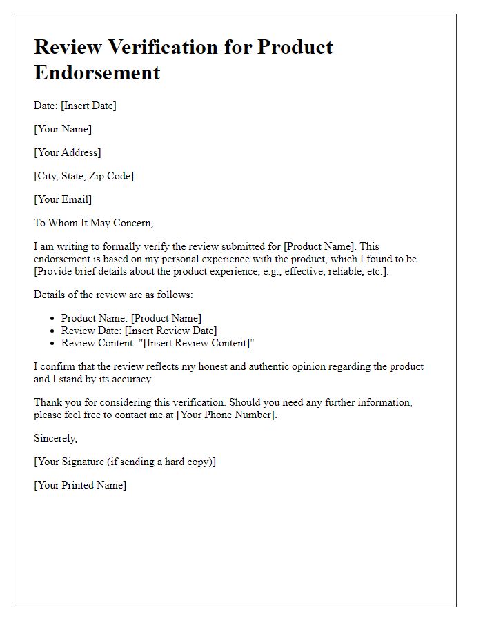 Letter template of review verification for product endorsement.