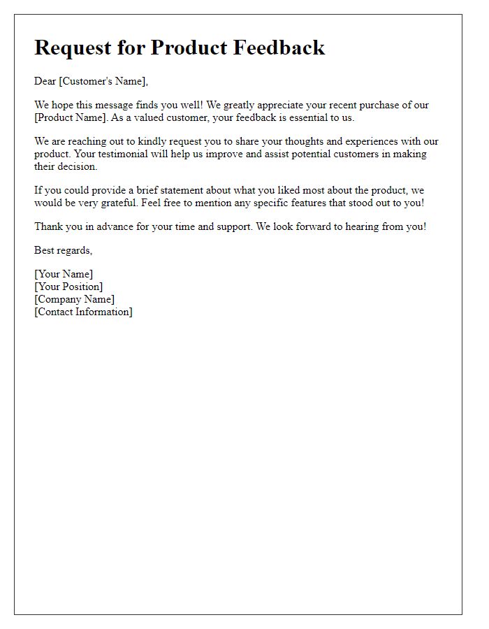 Letter template of testimonial request for product feedback.