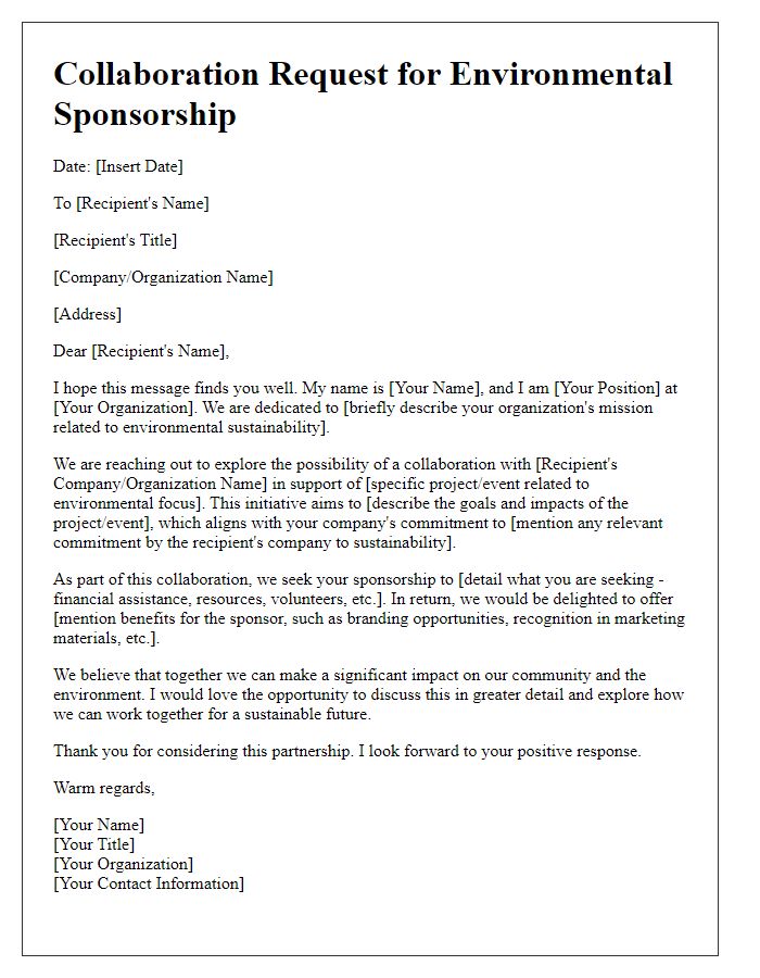 Letter template of collaboration request for environmentally-focused sponsorship.