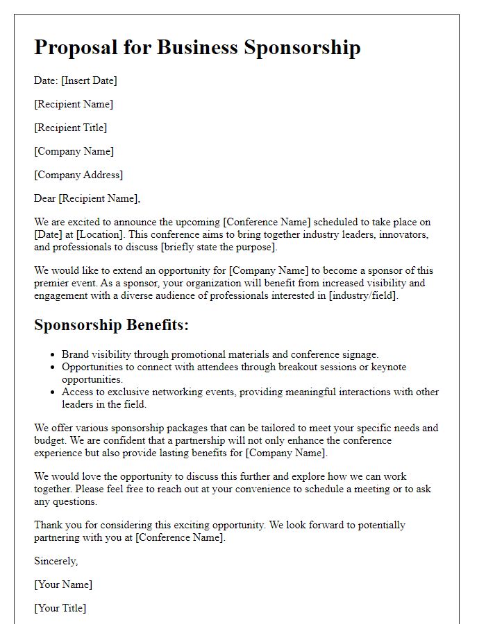 Letter template of proposal for business sponsorship in a conference.