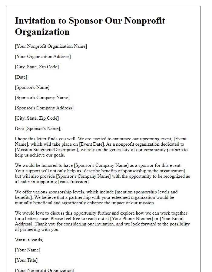 Letter template of sponsorship invitation for a nonprofit organization.