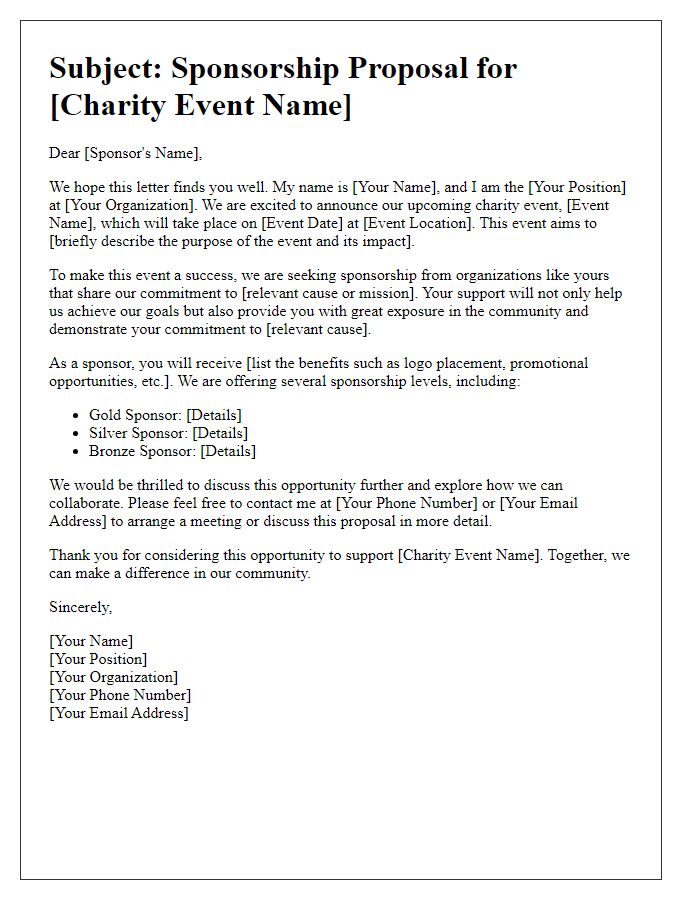 Letter template of sponsorship proposal request for a charity event.