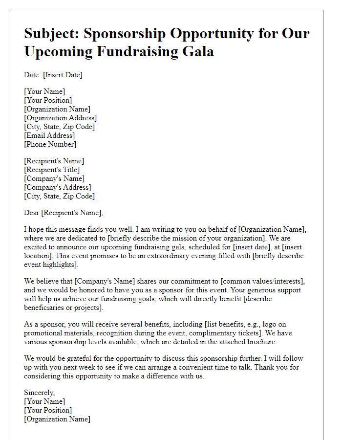 Letter template of sponsorship request for a fundraising gala.