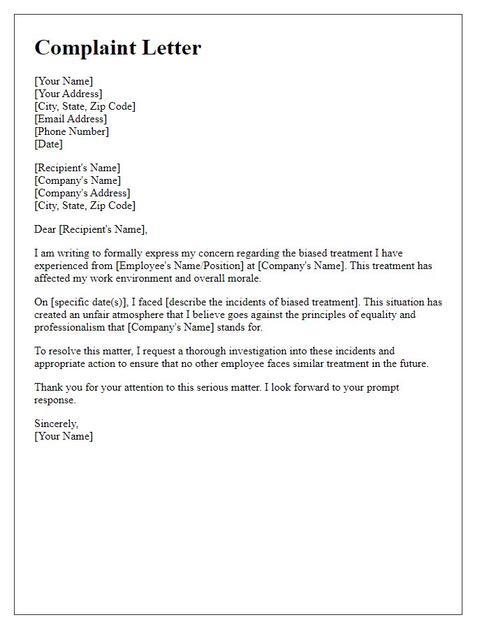 Letter template of complaint about biased employee treatment