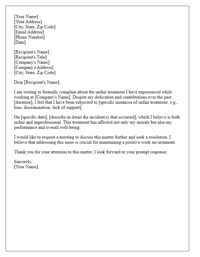 Letter template of formal complaint regarding unfair treatment at work