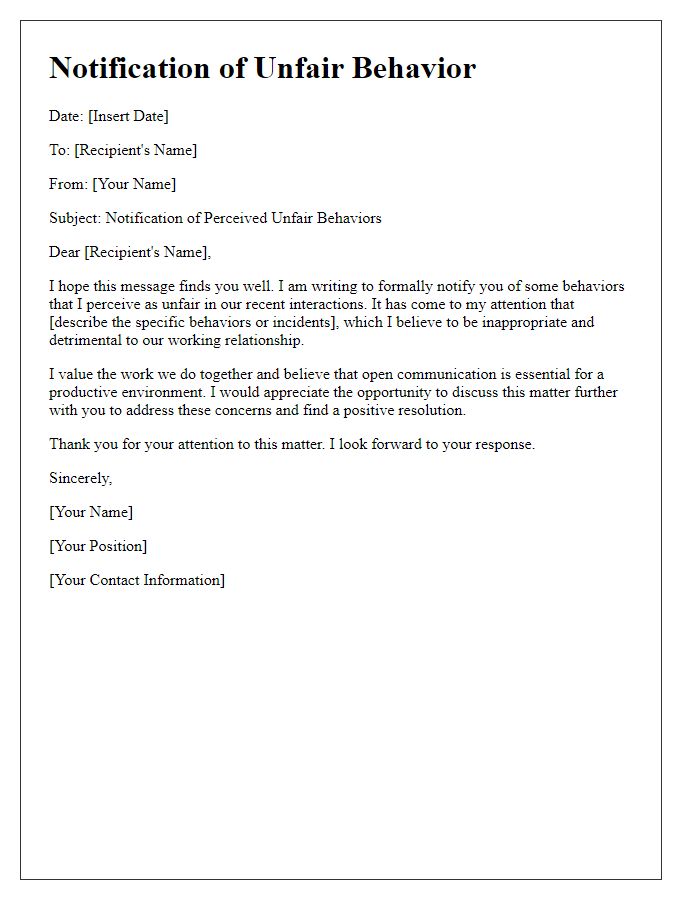 Letter template of notification about perceived unfair behaviors