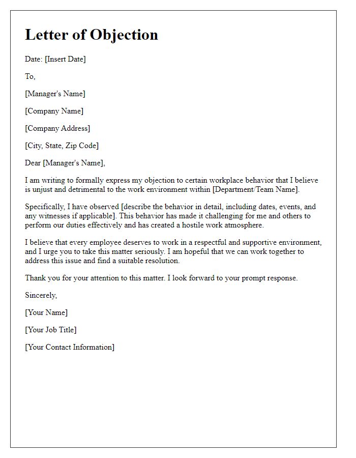 Letter template of objection against unjust workplace behavior