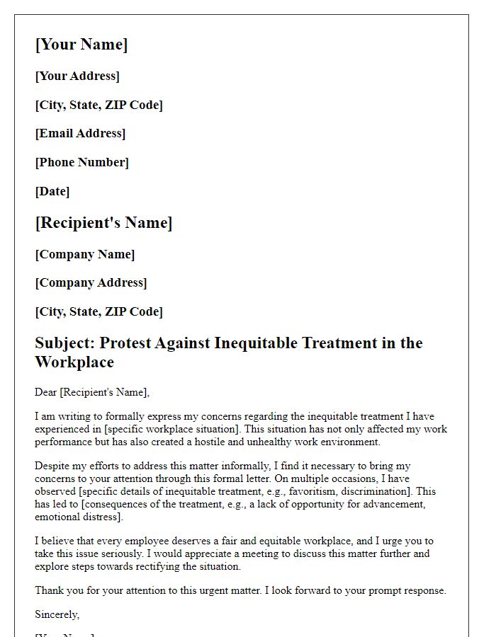 Letter template of protest against inequitable treatment in the workplace