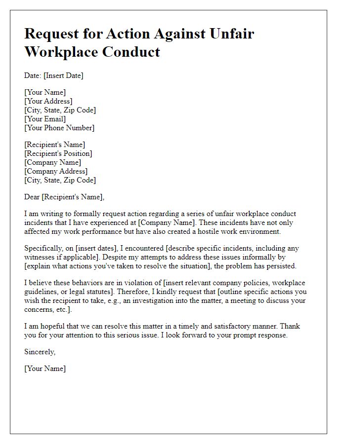 Letter template of request for action against unfair workplace conduct