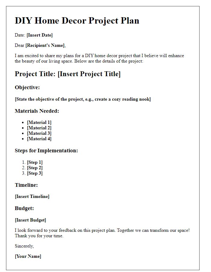 Letter template of DIY home decor project plan