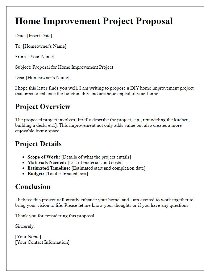 Letter template of DIY home improvement project proposal