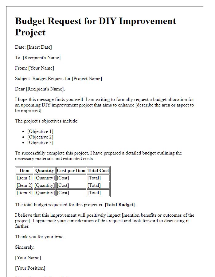 Letter template of DIY improvement project budget request